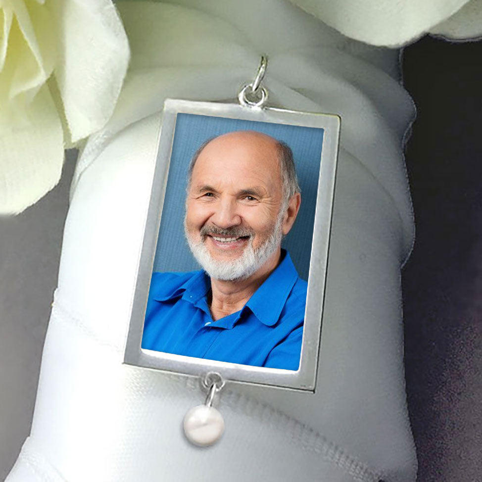 Wedding Bouquet Photo Brides Memorial Charm Silver Plated Rectangle Double Sided Pearl Bridal Charm Keepsake