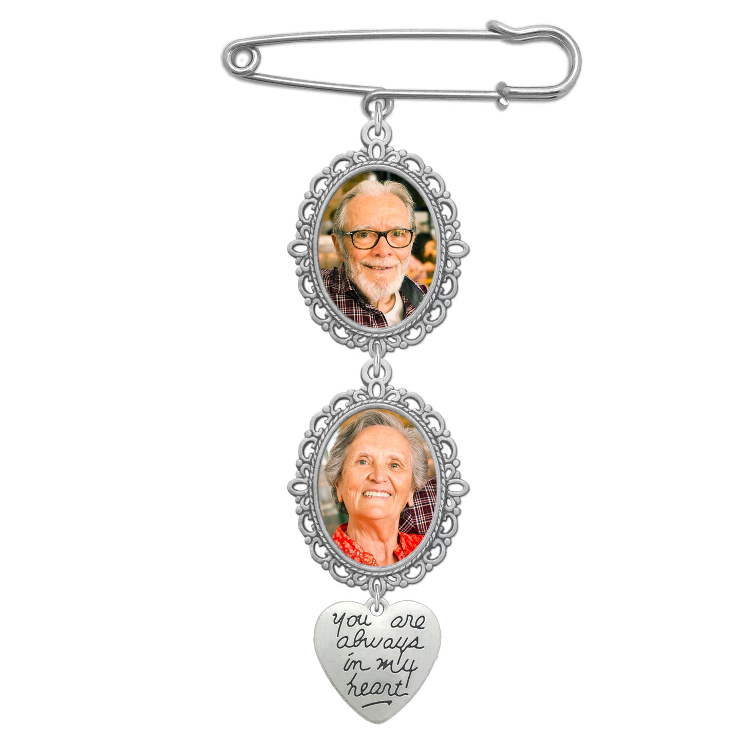 Always in My Heart 2 Frame Oval Wedding Bouquet Picture Charm Pin for Bride's Flowers