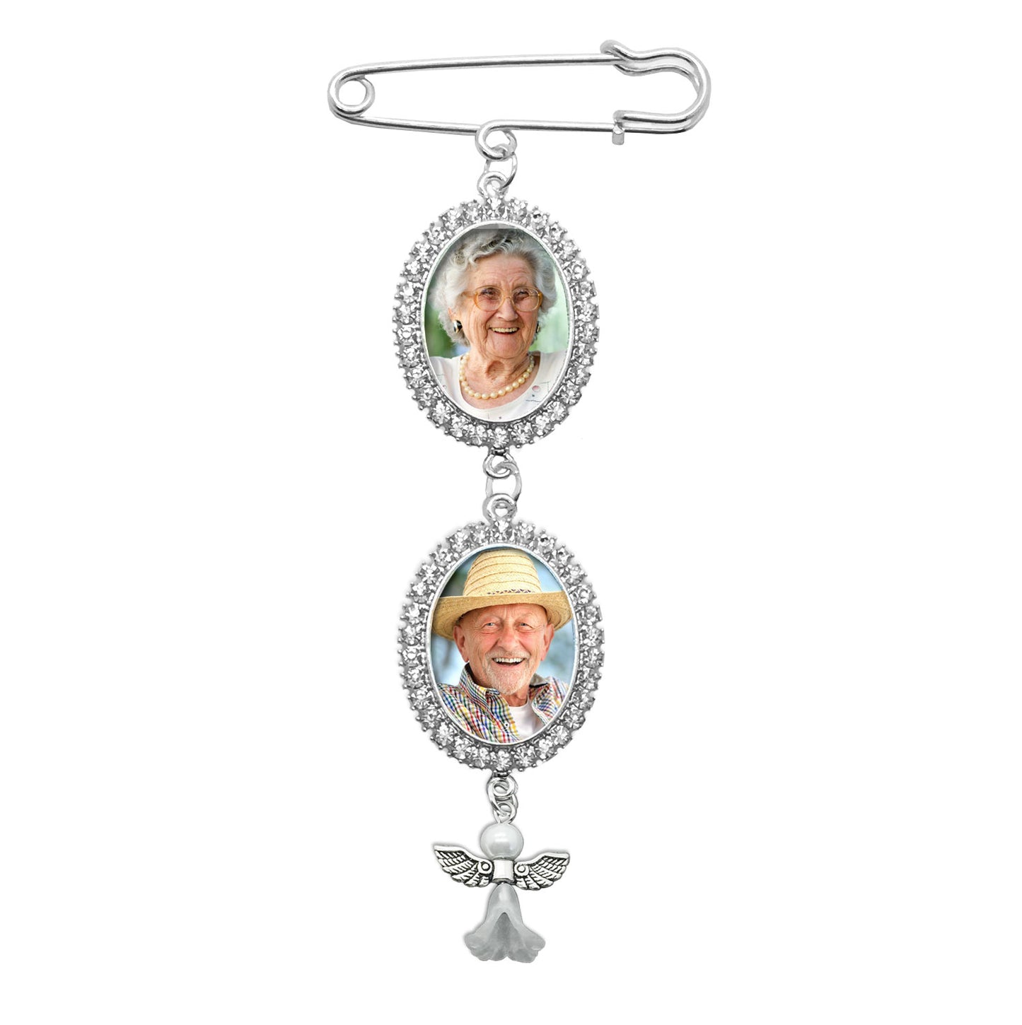 Silver Rhinestone Double Oval Frame Wedding Bouquet Picture Charm Pin