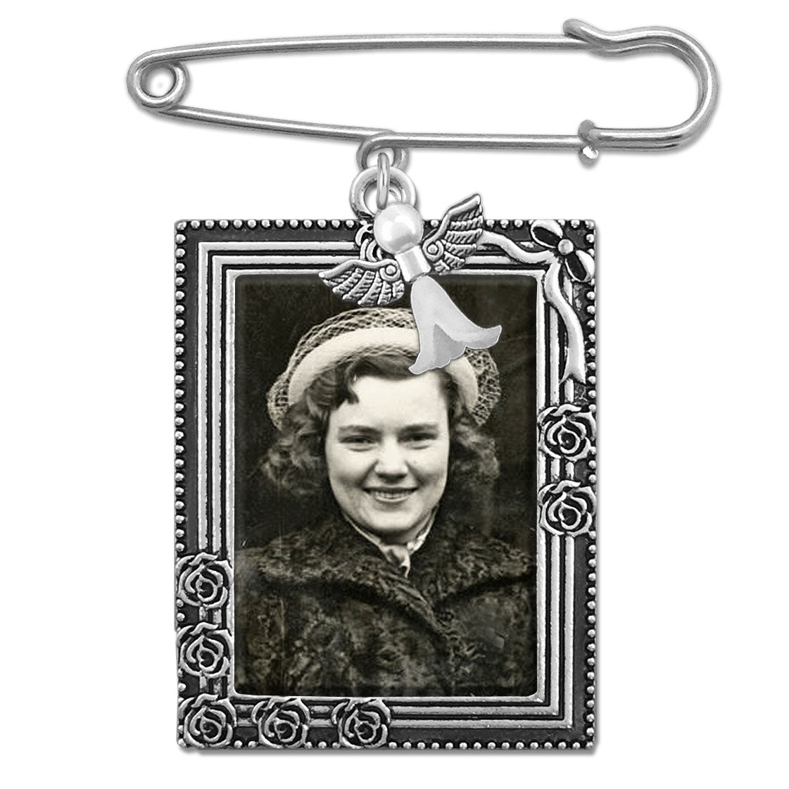 Guardian Angel Memorial Portrait Wedding Bouquet Charm w/ Rose Design