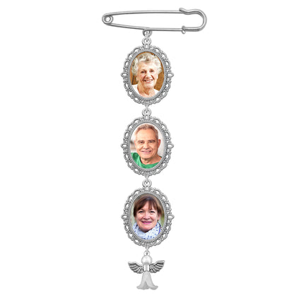 Wedding Boutonniere Angel Photo Charm Pin Brooch Cascading Triple Frame for Mother of Bride or Groom or Flower Bouquet