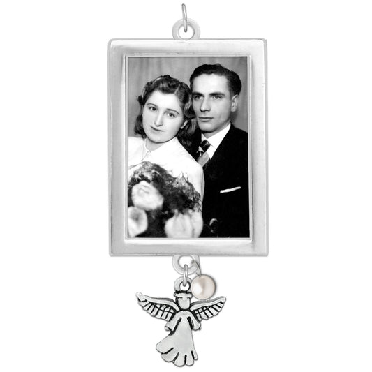 Wedding Bouquet Photo Charm Rectangle Double Sided with Angel and Pearl Charm