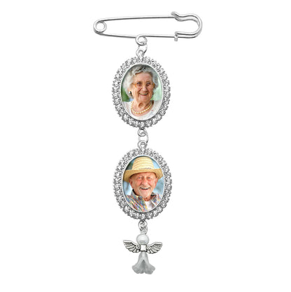 Silver Rhinestone Double Oval Frame Wedding Bouquet Picture Charm Pin