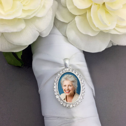 Rhinestone Oval Wedding Bouquet Picture Charm Silver